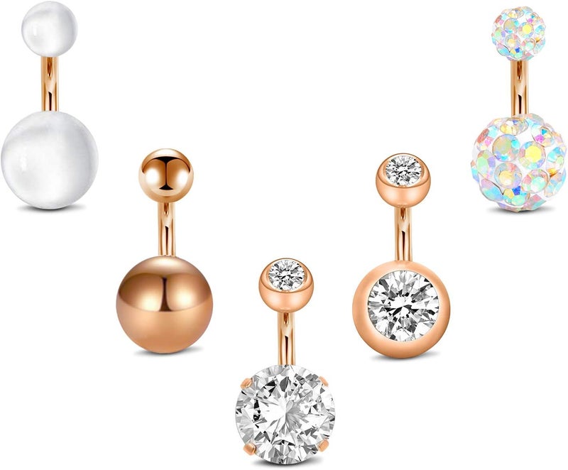 QWALIT Belly Rings - Short Bar Belly Button Rings in Surgical Steel with Opal Stones - 6mm & 10mm - Image 1